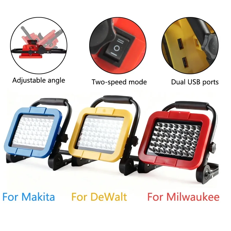 

50W LED Work Light for Dewalt/Makita/Milwaukee, Cordless Flood Light Camping Hiking Light Jobsite Worklight with Double USB