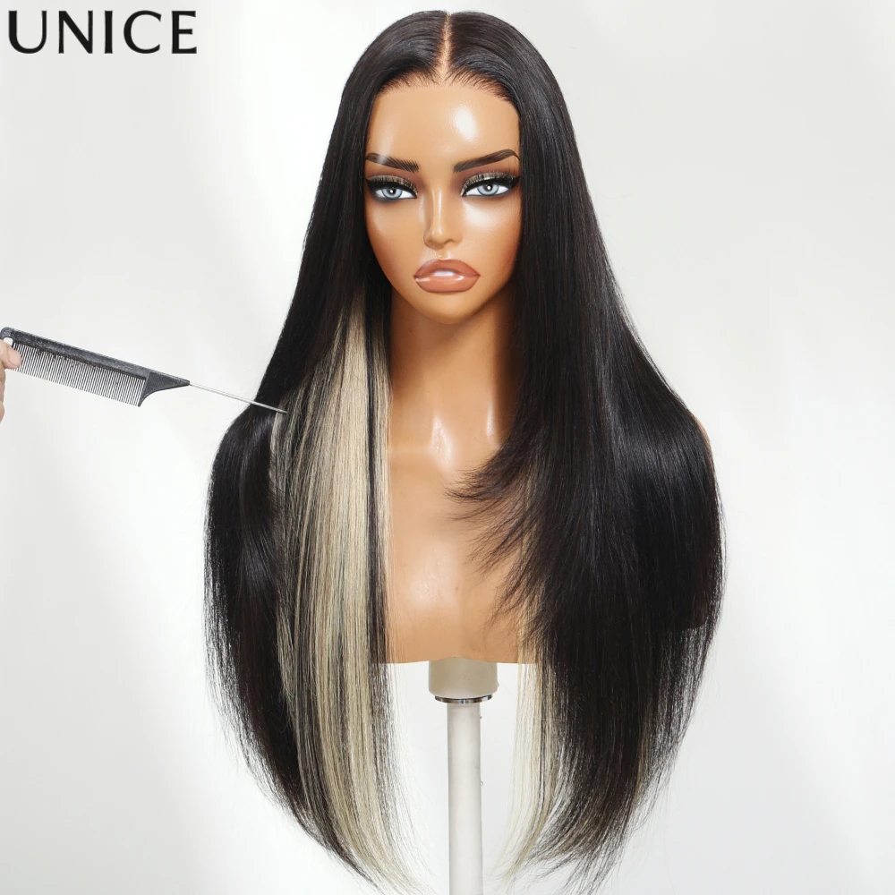 UNICE Bye-Bye Slip 7x5 Lace Black With Blonde Underlayer Layered Cut Straight Human Hair Glueless Drawstring Wig 150% Density