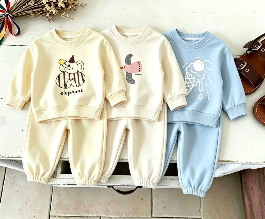 Kids Autumn Sweatshirt Two Piece Set Kid Cartoon Elephant Bird Ice Cream Print Crew Neck Pullover Pants Baby Boys Girls Costume