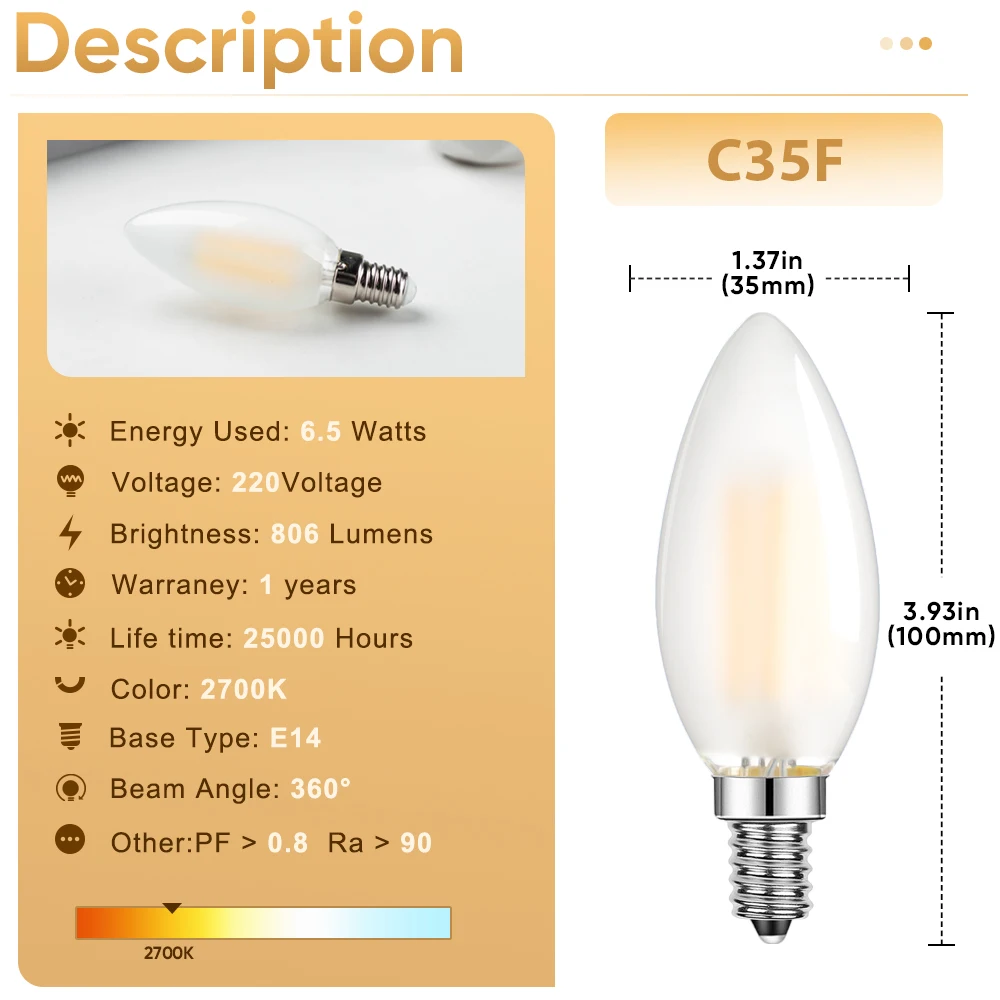 Lampu Led C35 E14 dapat diredupkan, lampu filamen 220V 6.5W 806LM putih hangat buram lilin putih dekorasi dalam ruangan