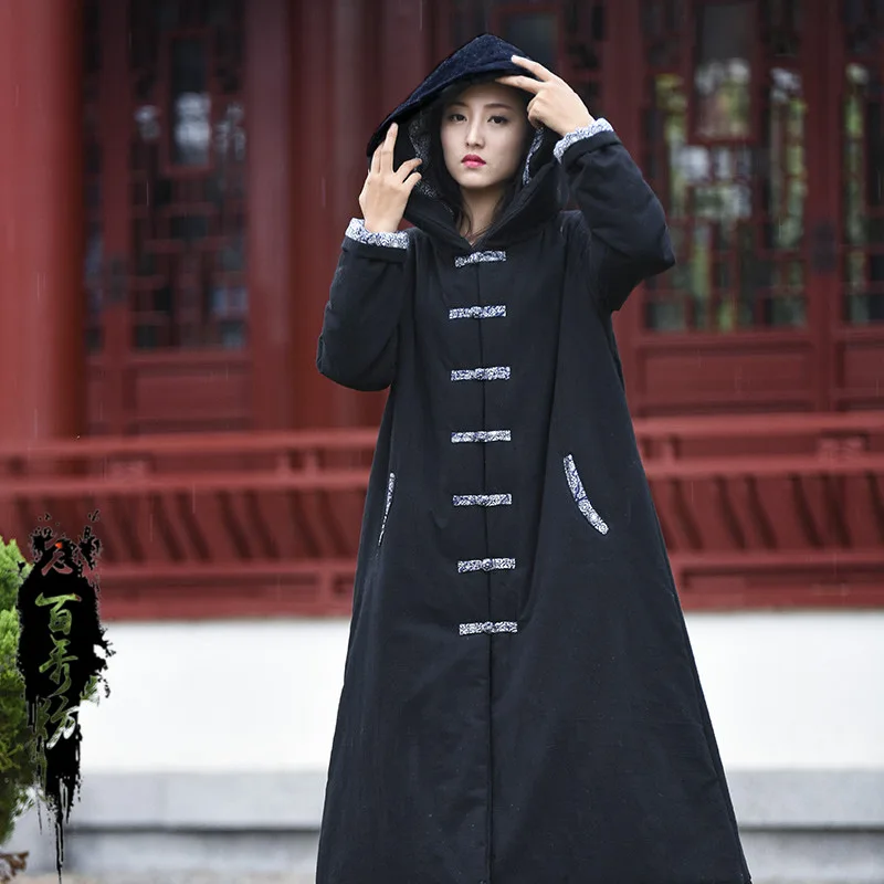 High Quality Women's Vintage Hooded Parka Coat Cotton Linen Winter Warm Trench Coat Cotton Jacket Single-breasted Original Parka