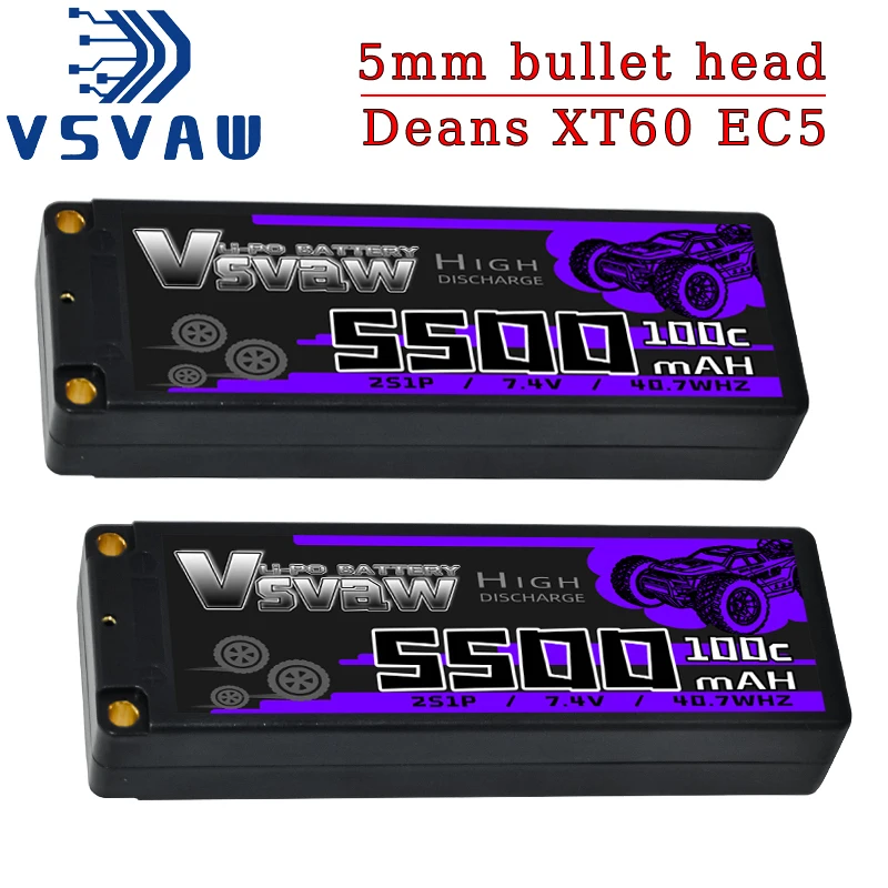 VSVAW 2S Lipo Akku 5500mAh 7,4V 100C 5mm T-Stecker Hartschalenkoffer für 1/10 Buggy Truggy Offroad Boot Auto LKW RACING Helikopter