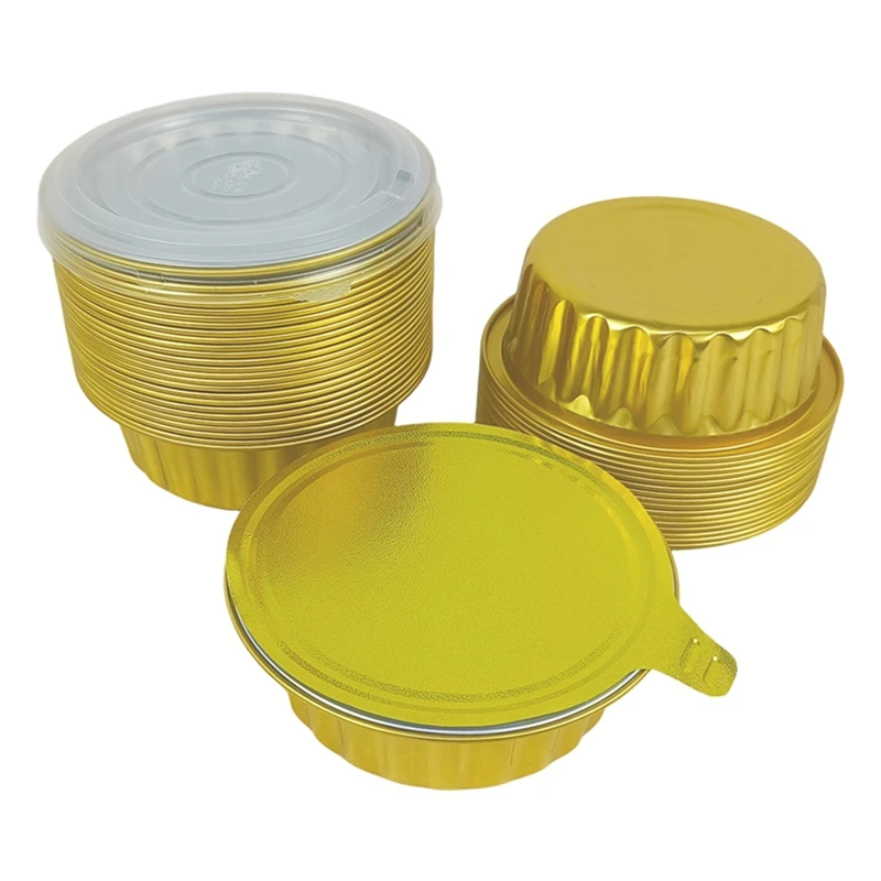 Disposable Gold Round Foil Containers Heavy Duty Aluminum Foil Bowls Heat Resistant Pudding Cake Baking Cups Takeaway Packaging