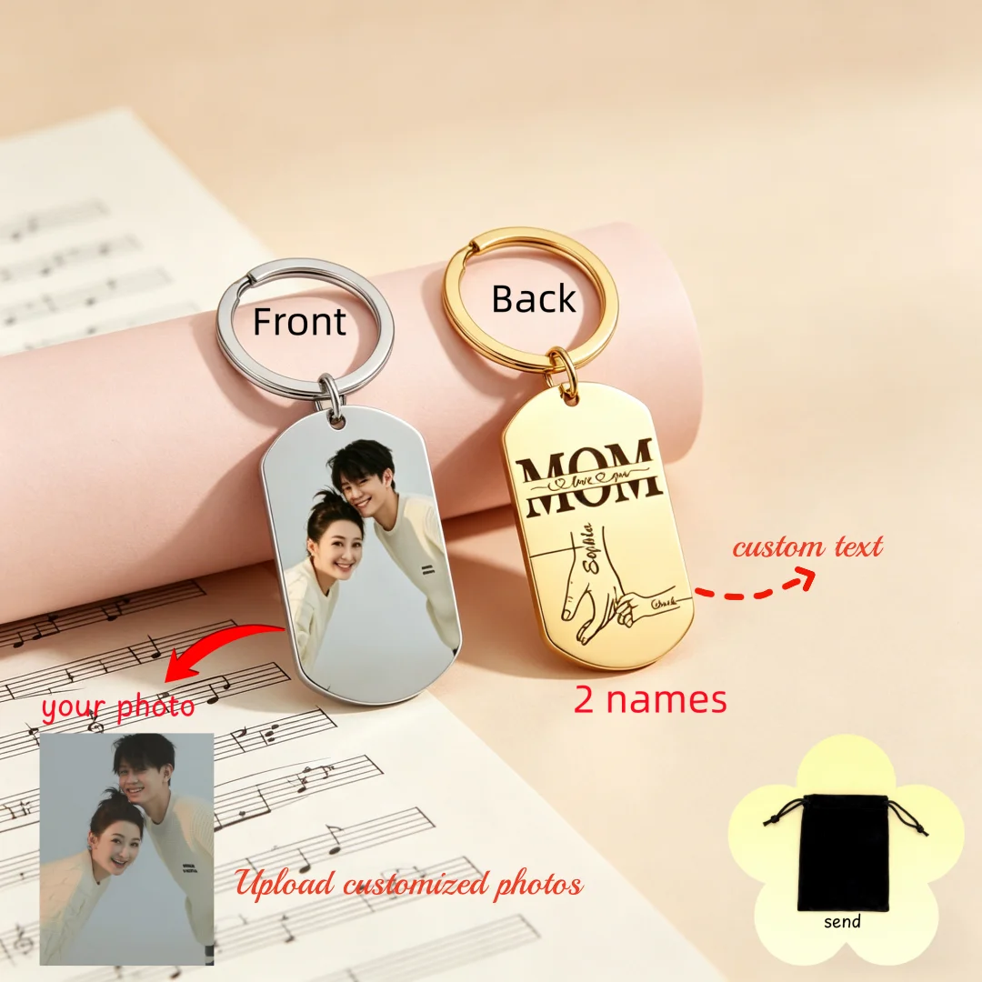 Customized Front Photo Picture Keychain Stainless Steel Personalized Name, Hand in Hand Keyring, Family Mom Keyring Gift