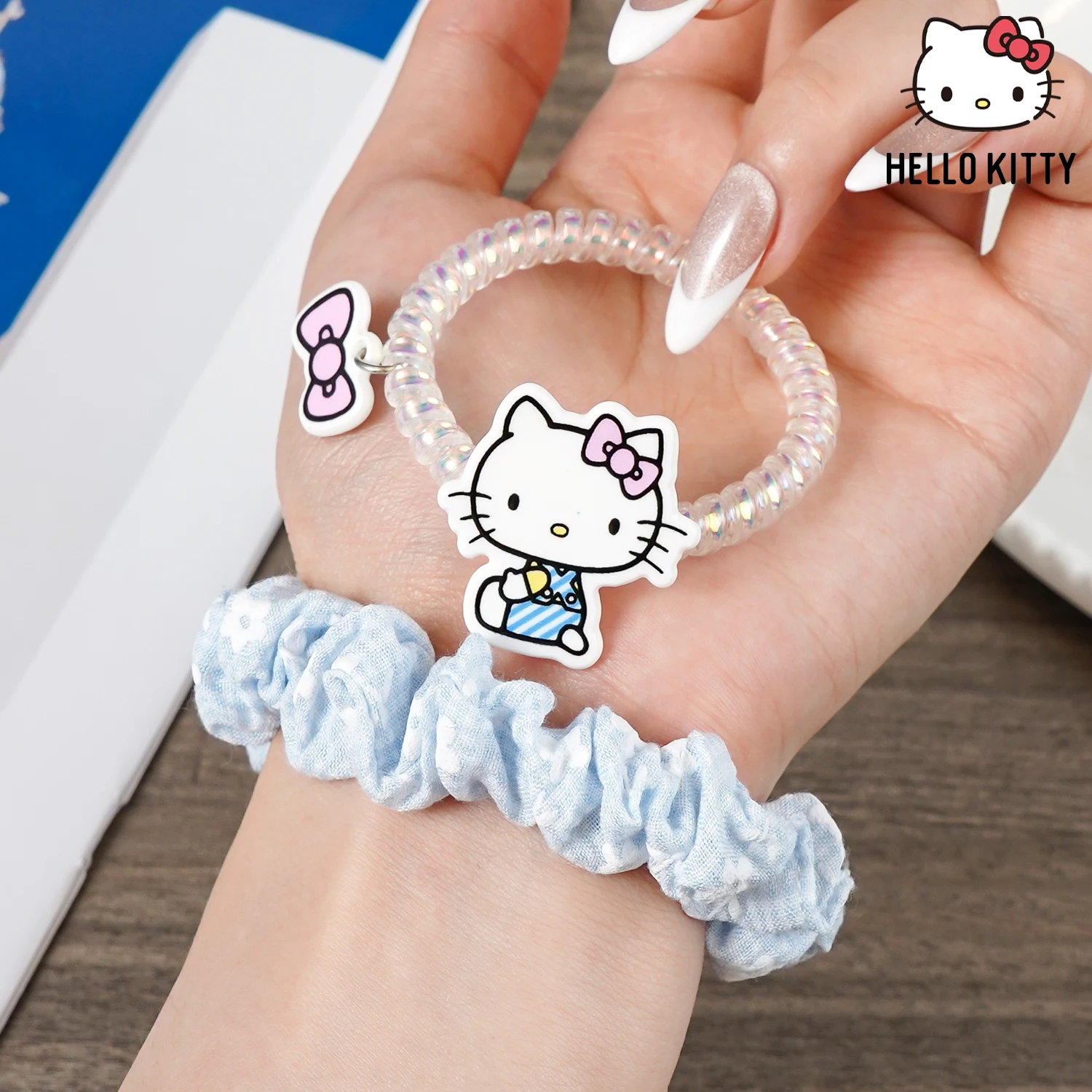 2pcs Hello Kitty Y2K Hair Tie Set – Metallic Coil & Soft Blue Scrunchie Combo, Retro Plaid Hair Loop, Color Matching Design