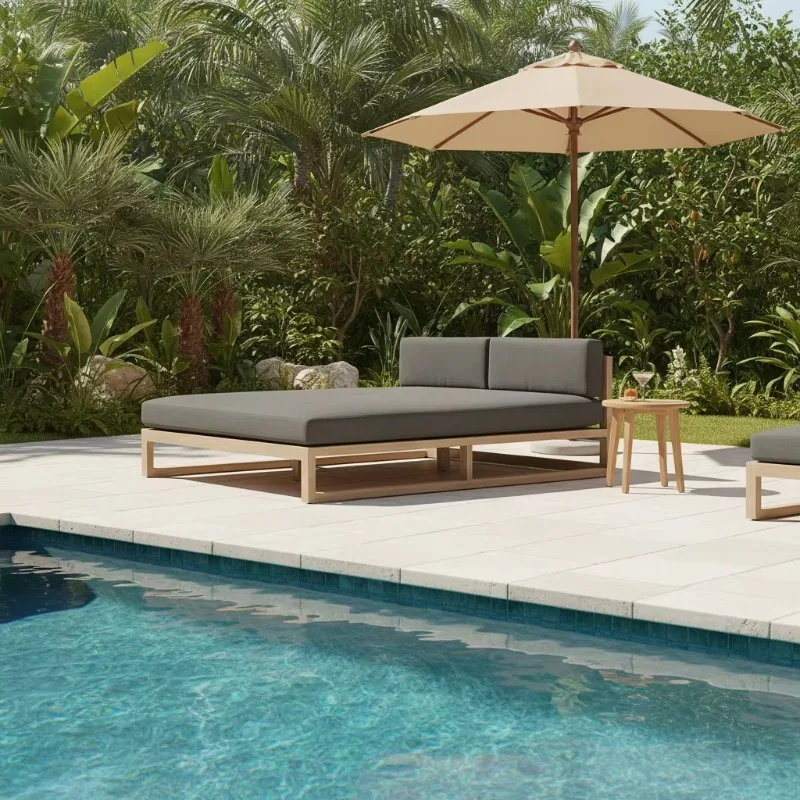 Outdoor Sunbed Furniture Double Seat Solid Teak Wood Daybed Outdoor Leisure Courtyard Lounge Chair Patio Furniture Daybed