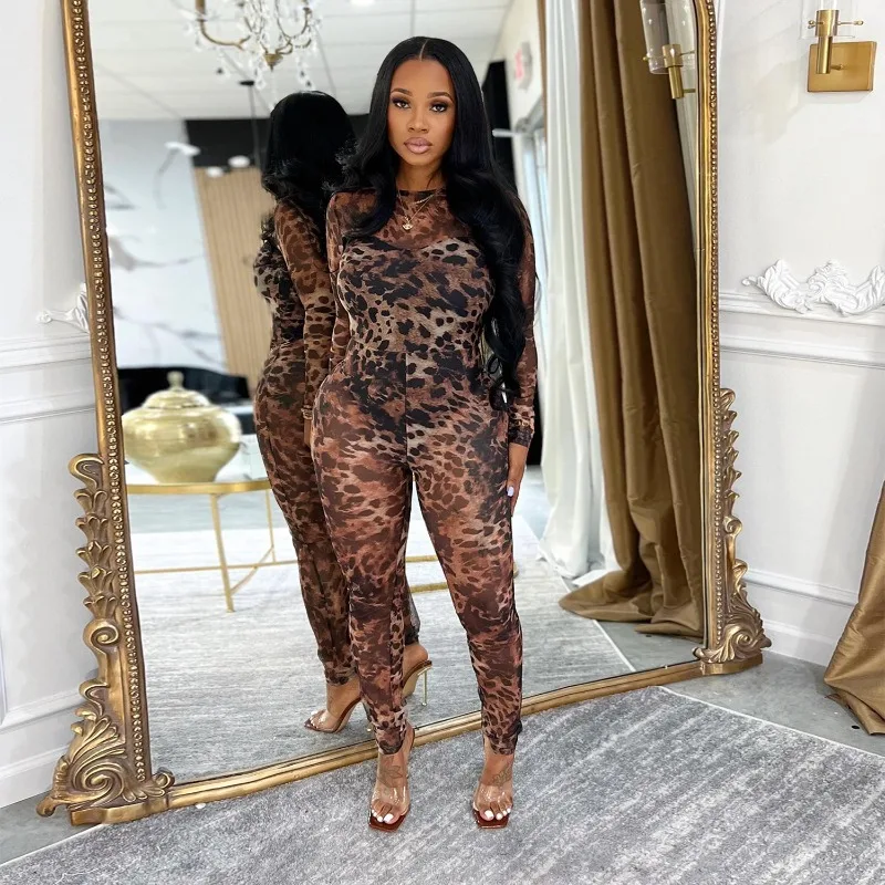 

See Through Mesh Patchwork Leopard Print Skinny Jumpsuits Women Sexy O Neck Long Sleeve Peach Hips Night Club Overalls Rompers