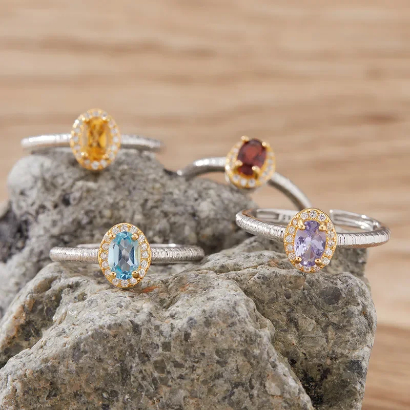 Natural colored treasure topaz tanzanite garnet sapphire ring s925 sterling silver index finger ring live broadcast popular