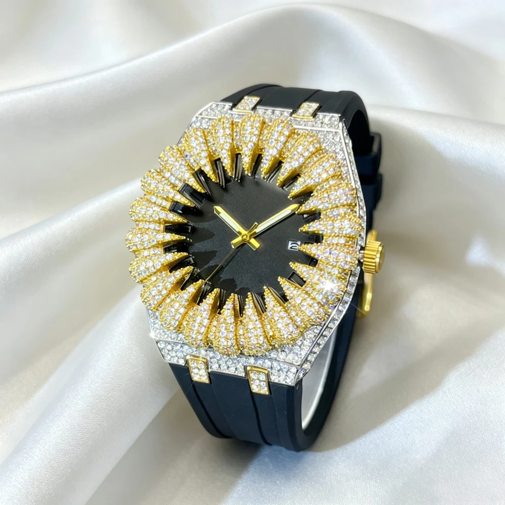 MISSFOX New Design Iced Diamond Watch Men Automatic Date Fashion Waterproof Quartz Clocks Hip Hop Gold Jewelry Wristwatch Gift