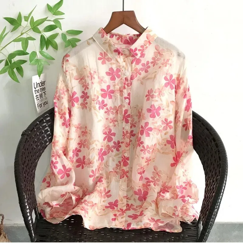 

Summer New Pure Cotton Cardigan Breathable Floral Print Casual Loose Versatile Shirt Women's Long Sleeves