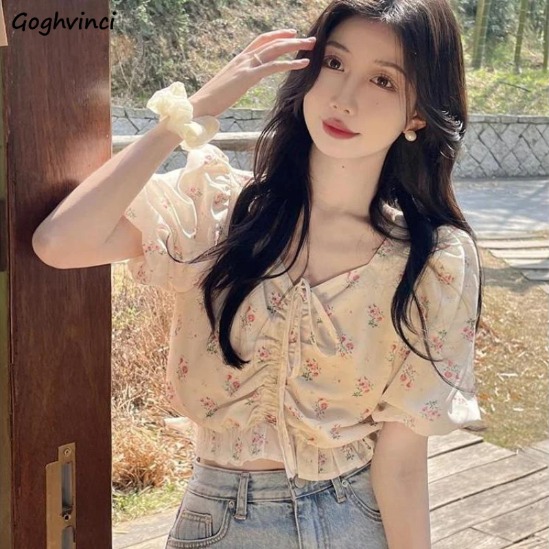 Women Blouse Floral Shirring Lace-up Chiffon Crop Tops Design Niche Korean Fashion All-match Chic Sweet Spicy Girls Summer Ins