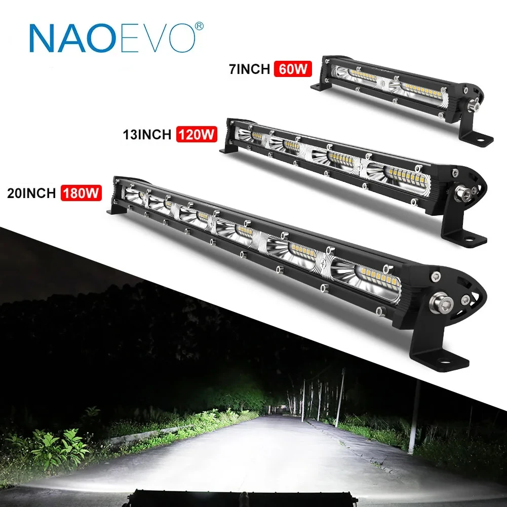 

NAOEVO 7 "13" 20-дюймовый светодиодный барный светильник Ultra Slim Barra 120W 180W 12V 24V Прожектор однорядный рабочий фонарь для внедорожника 4X4 Offroad Jeep Truck