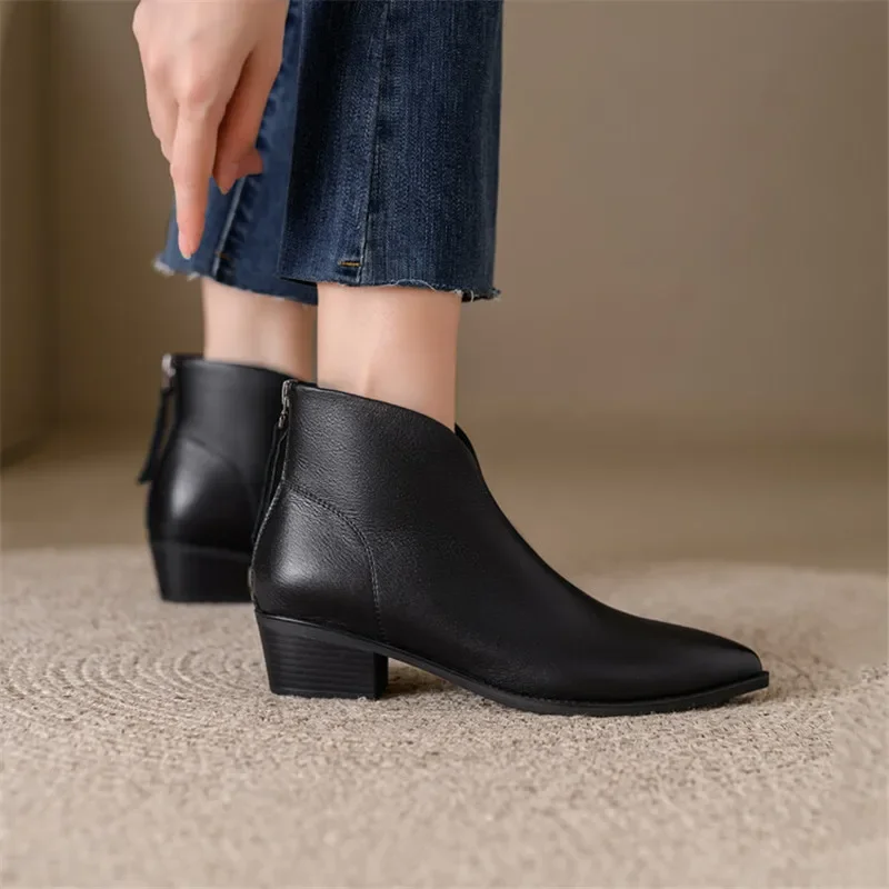 New Women Genuine Leather Ankle Boots Pointed Toe Chunky Heel Boots for Women Winter Fashion Short Boots Concise Women Boots