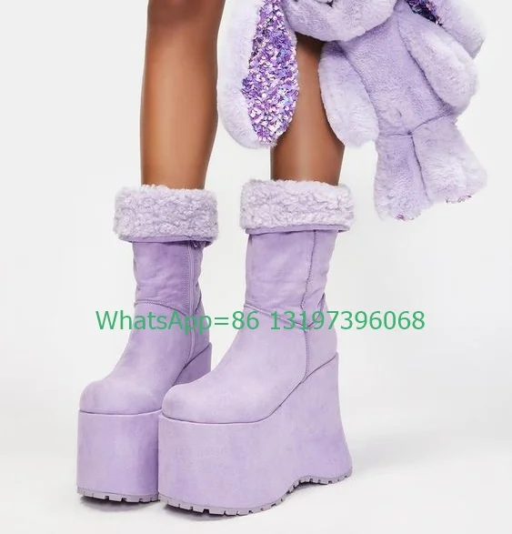 Lady Gothic Style Fur Platform Purple Suede Calf Boots Side Zip Turn-Over Edge Feather Design Boots Footwear Punk Style Purple