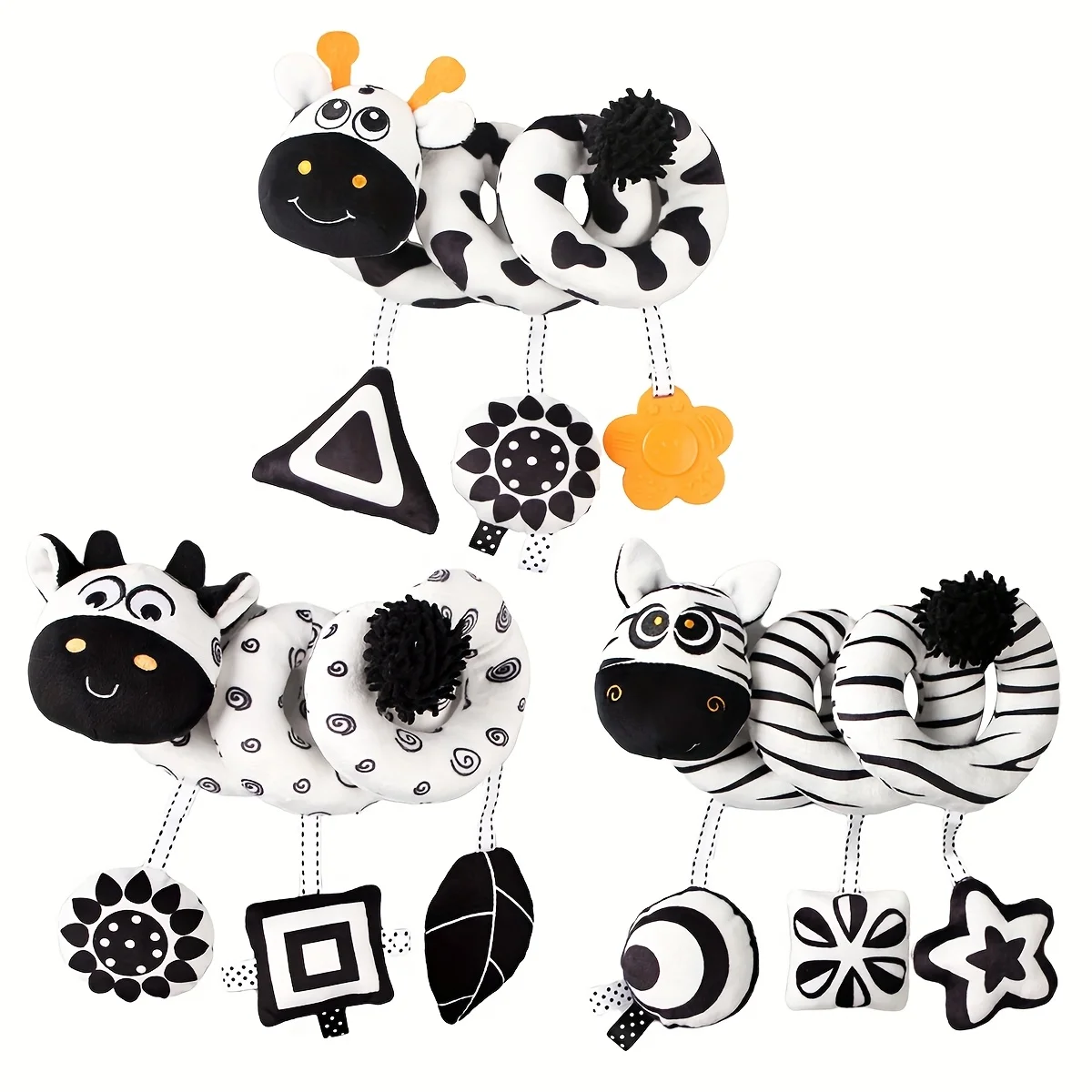 아기의 흑백 동물 시각 자극 침대 와인딩 카, 3개의 만화 장난감이 달린 나선형 플러시 장난감, 무작위 색상
