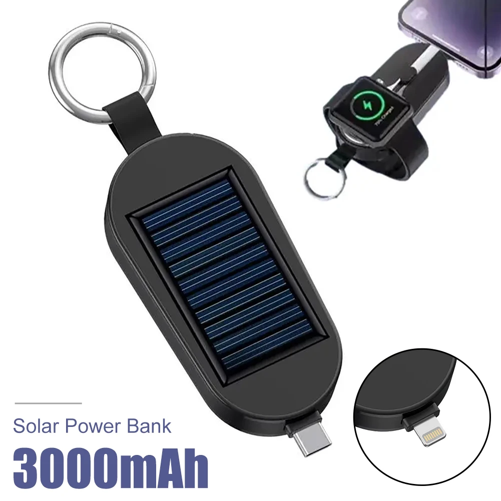 3000mAh Solar Power Bank Fast Charging Type-C/For IPhone Wireless Charger For Apple Watch Portable External Power Bank Keychain