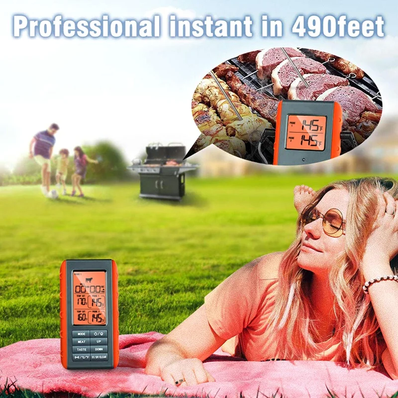 BBQ Dual Probe Temperature Monitor HD HTN Digital Backlight Display Screen 490Ft Wireless Connection Orange For Outdoor BBQ