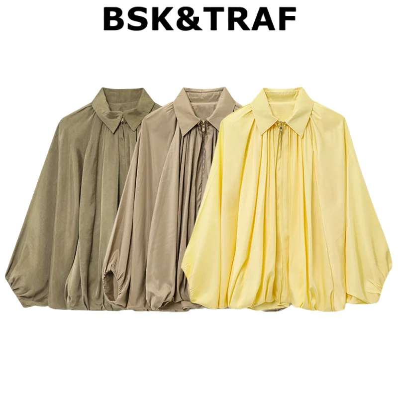 

BSK&TRAF Casual Lapel Puffy Bomber Jacket 2025 New Women's Bat Sleeve Loose Jacket Fashion Jacket Versatile Style