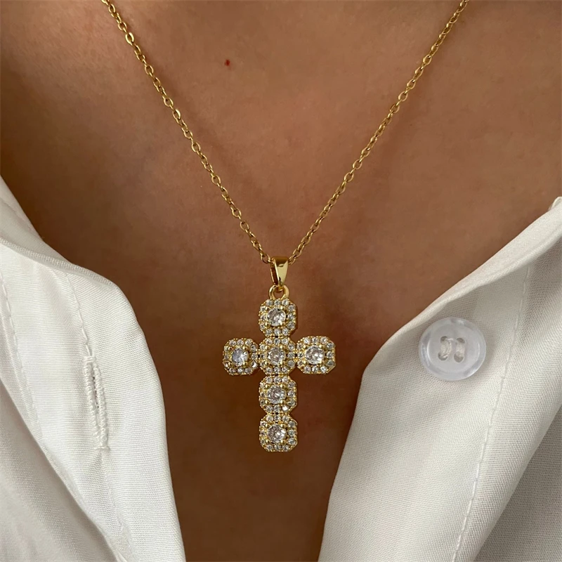 

Ailodo Iced Out Zircon Cross Pendant Stainless Steel Chain Necklace For Women Minimalist Party Wedding Necklace Christmas Gift