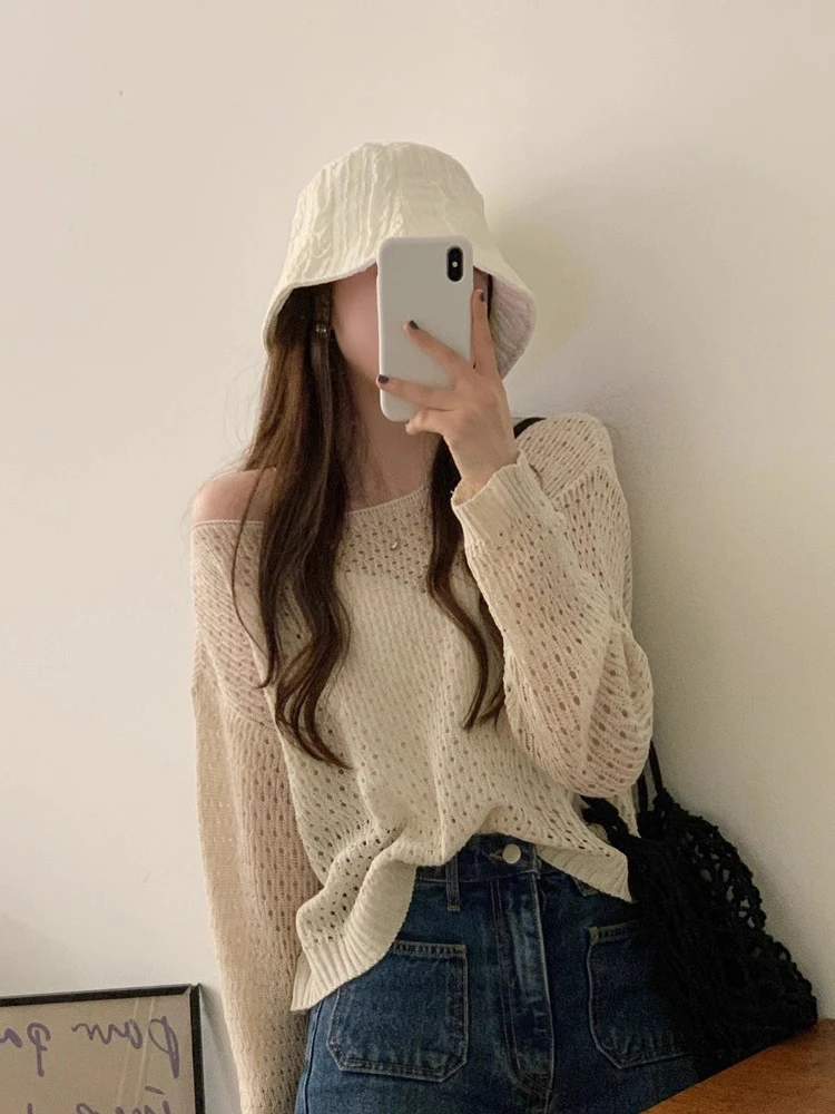 

Gagarich корейский шикарный летний новый нишевый индивидуальный одно шее полая сетка тонкий ледяной шелк солнцезащитный вязаный пуловер женский