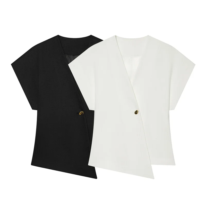 

2026 Summer New Style Women's Jacket Solid Color Short Sleeve with Button Decoration, Simple Waist-Cinching Jacket Elegant