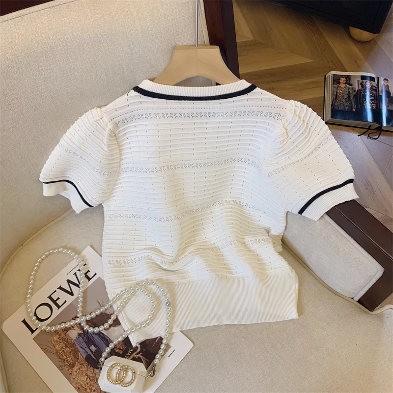 Summer Elegant Knit Sweater T-shirt Women 2024 New Fashion Stylish Chic Ladies Tees Tops Short Sleeve O-neck Korean Knitwear