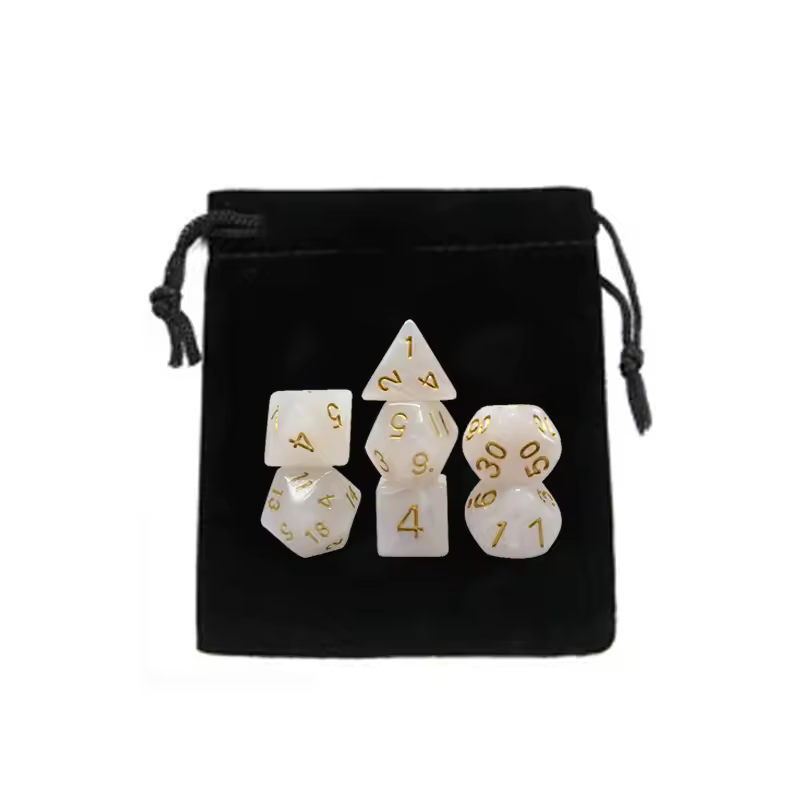 Juego de dados DND de 7 Uds con bolsa de dados de terciopelo D4,D6,D8,D10,D10%,D12,D20 accesorios de dados blancos y dorados para juegos de mesa de fiesta DnD RPG