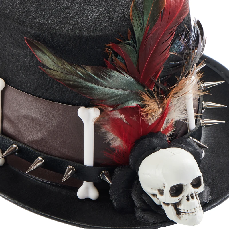 Steam Punk Hats Vintage Men Women Rivet Pu Leather Skull Feathers Hat Gothic Victorian Costumes F Halloween Costumes Accessories