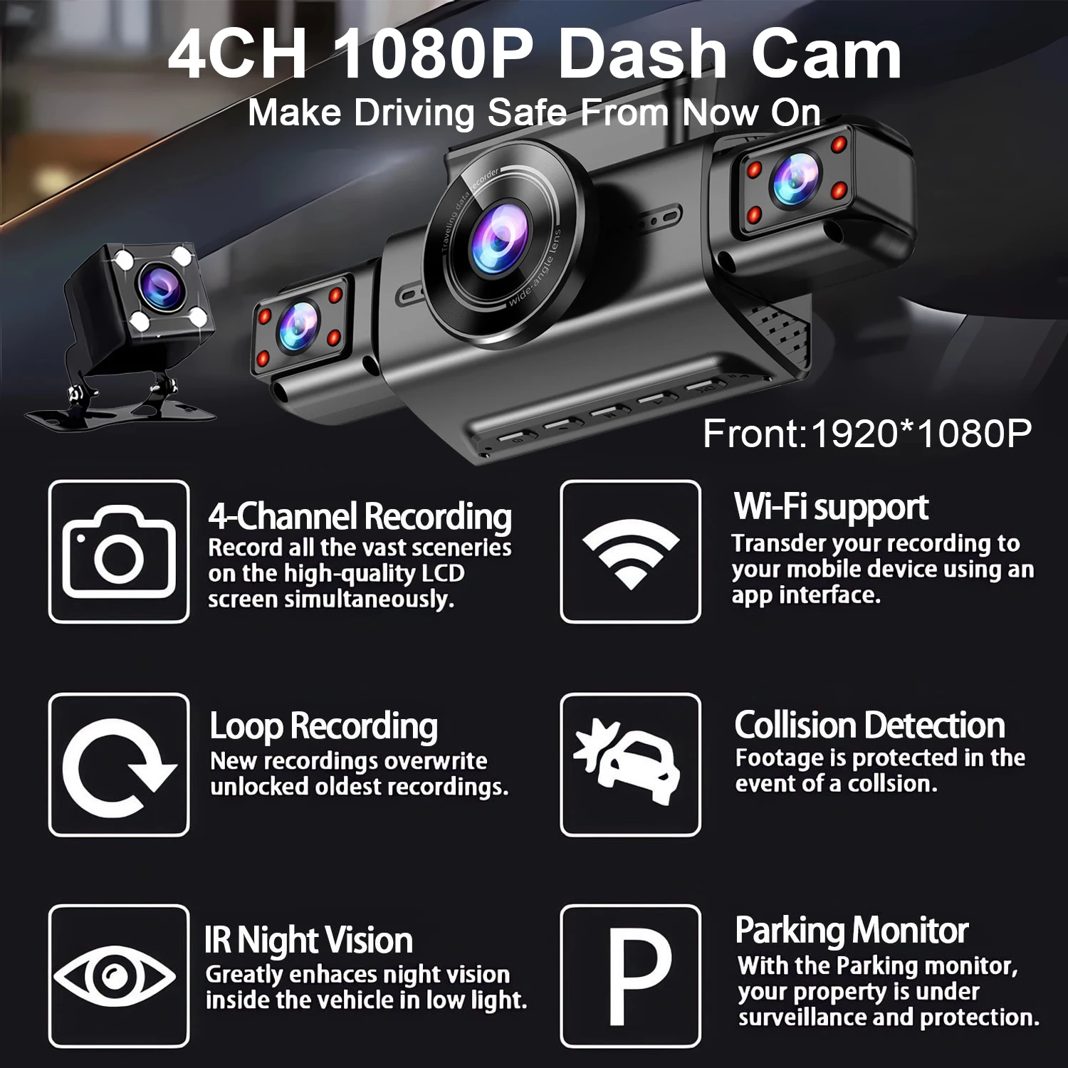 360 Degree 4 Cameras Dash Cam Car DVR WiFi HD 1080P Video Recorder 4 Channel Front Rear View Night Vision Black Box DVR For CAR