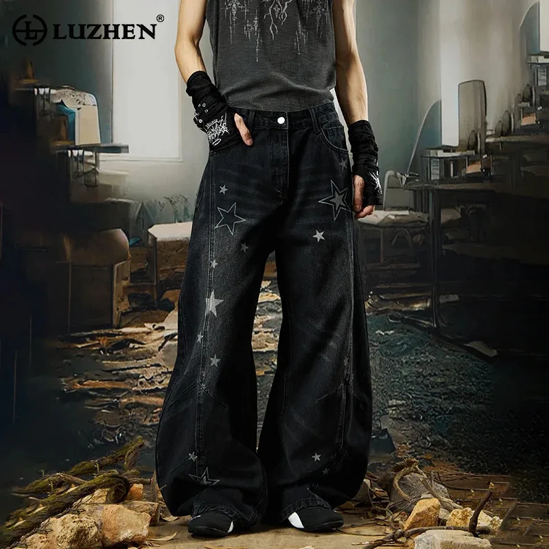 LUZHEN Original Five-pointed Star Printed Loose Wide Leg Denim Pants Men's New Stylish High Quality Street Straight Jeans JY9367