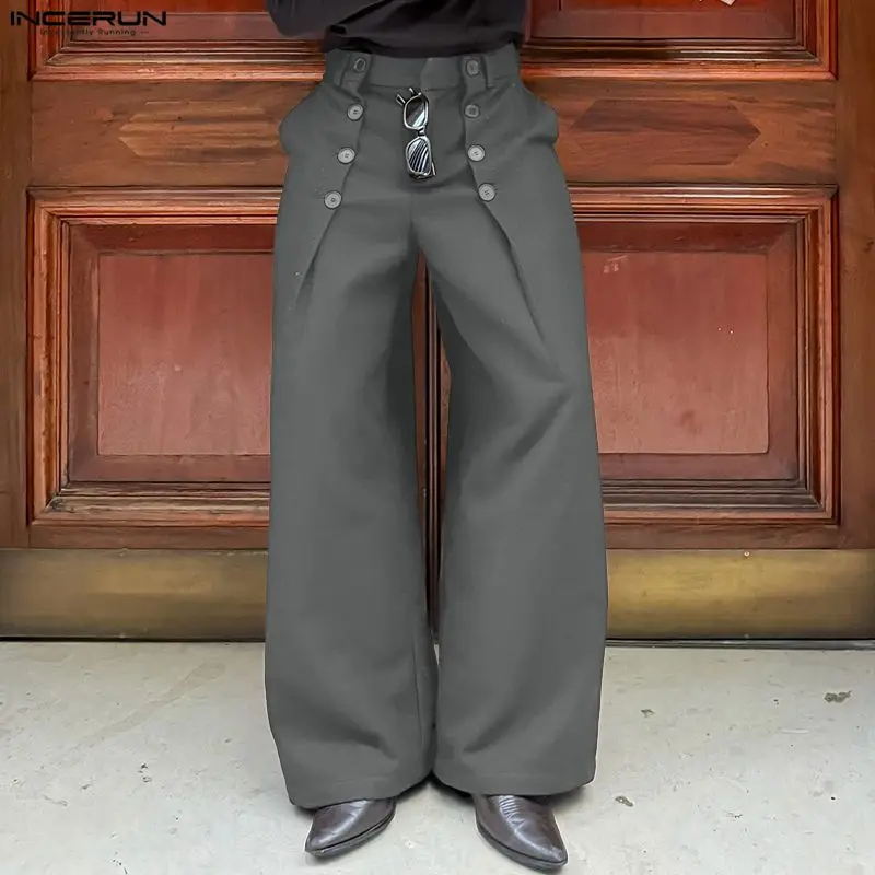 INCERUN Men Pants Solid Color Button Joggers Loose Casual Straight Trousers Men Streetwear 2026 Fashion Male Long Pants S-5XL