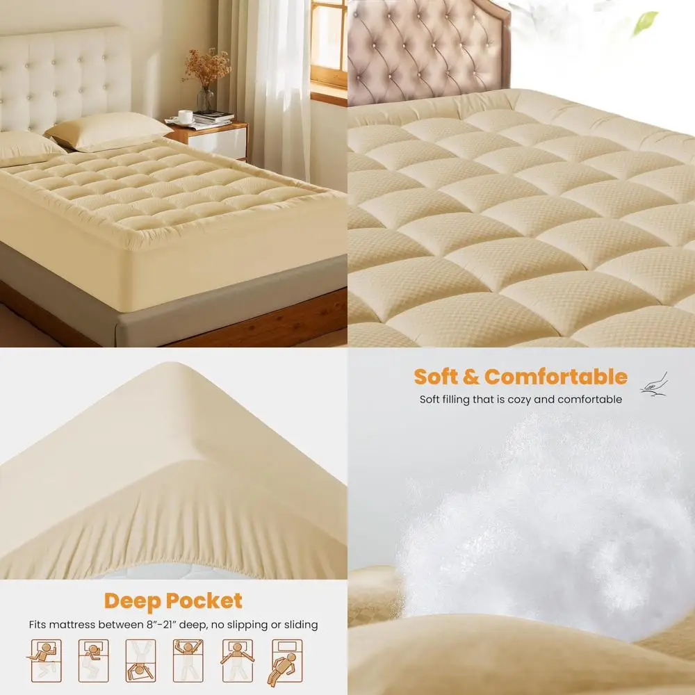 

Дышащий охлаждающий стеганый наматрасник — пушистый, глубокий карман, можно стирать в машине, бежевый