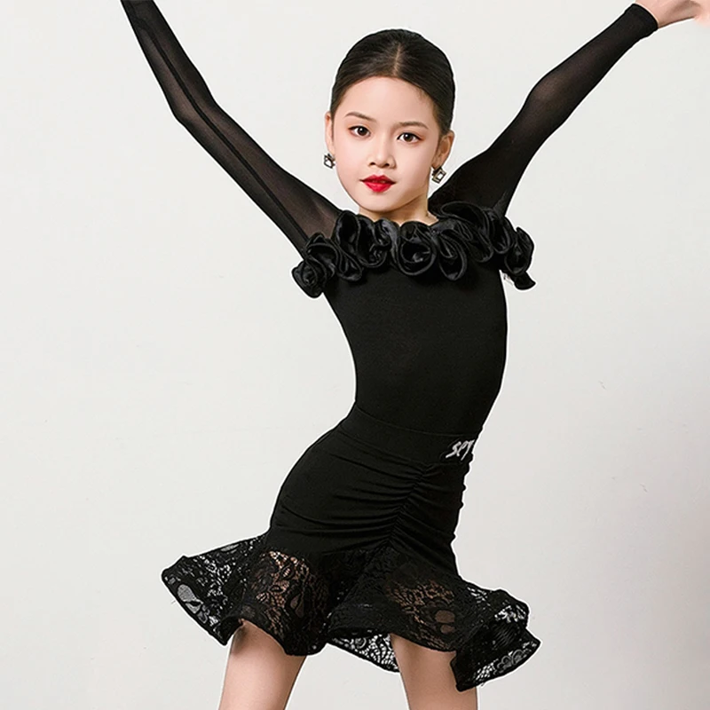 2024 Kids Latin Dance Dress Long Sleeves Girls Black Tops Lace Skirt Performance Suit Cha Cha Rumba Performance Costume DNV19663