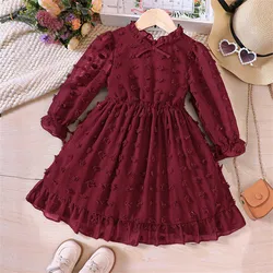 Toddler Girls Dot Jacquard Dress Long Sleeve New Solid Elegant Chiffon A Line Ruffle Dress Autumn Kids Birthday Party Dress 1-6Y