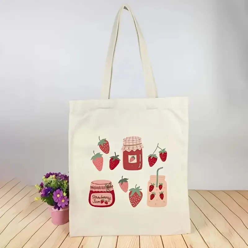 Honey Lady Strawberry Tote Bag - Reusable Shoulder Bag with Fixed Shoulder Strap, Fade-Resistant, Light Beige with Strawberry and Honeycomb Design, Suitable for Any Occasion, Shopping Tote Bag |   Honeycomb Pattern |   Durable Shoulder Bag