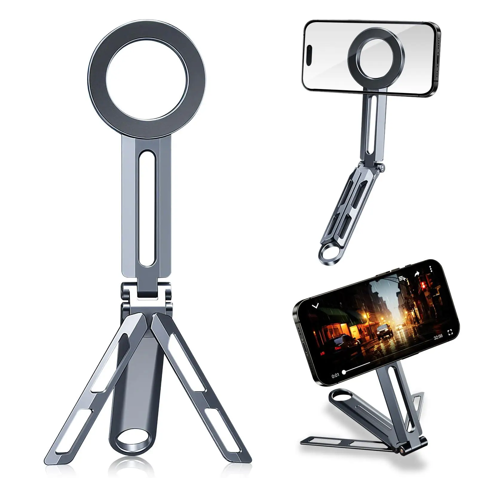 

Foldable Magnetic Phone Tripod Stand Portable Travel Hands-Free Video Shooting Holder for iPhone & Android on Desk Plane Train