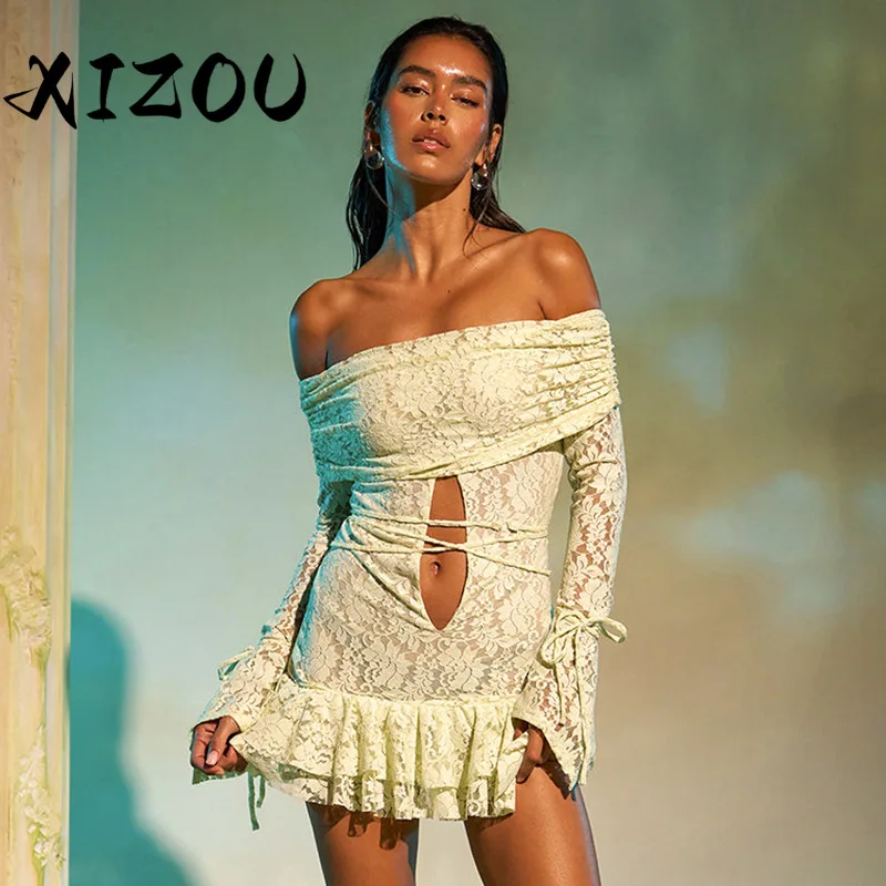 

XIZOU Women Sexy Ruffles Chic Lace Hollow Out Long Sleeve Dress Mini Holiday Party Clubwear Fashion Elegant Dress Autumn 2024