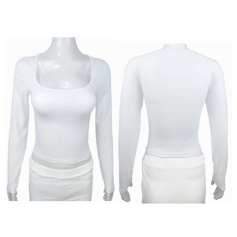 Long Sleeve T-shirt Slim Tops Sexy Woman Clothing Square-Cut Collar Close-fitting Tee Shirt Street Wear Fall 2025 New 2523 image 4