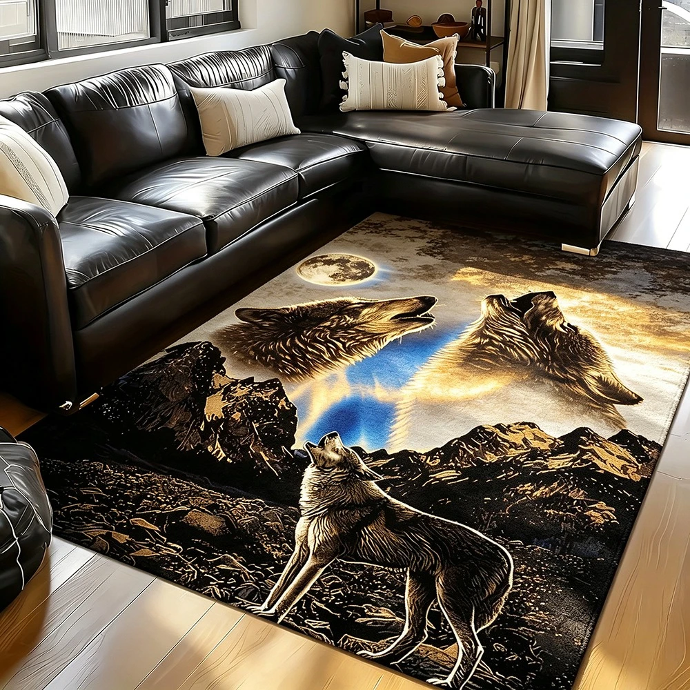 Howling Wolf Rug Wild Animal Wilderness Mountain Moon Floor Mat Soft Carpet for Living Room Bedroom Game Room Indoor Home Decor