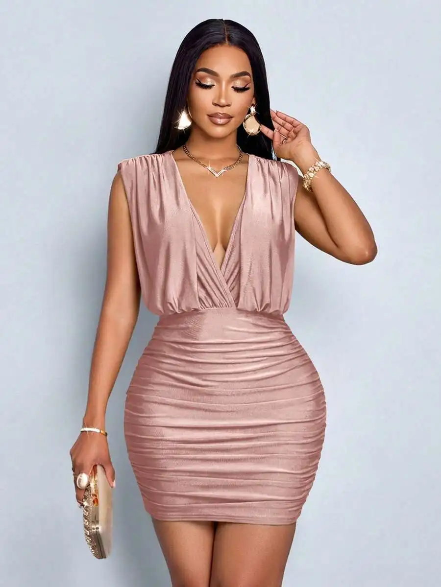 Womens Solid Color Ruched Deep V-Neck Sleeveless Bodycon Mini Dress For Summer Party