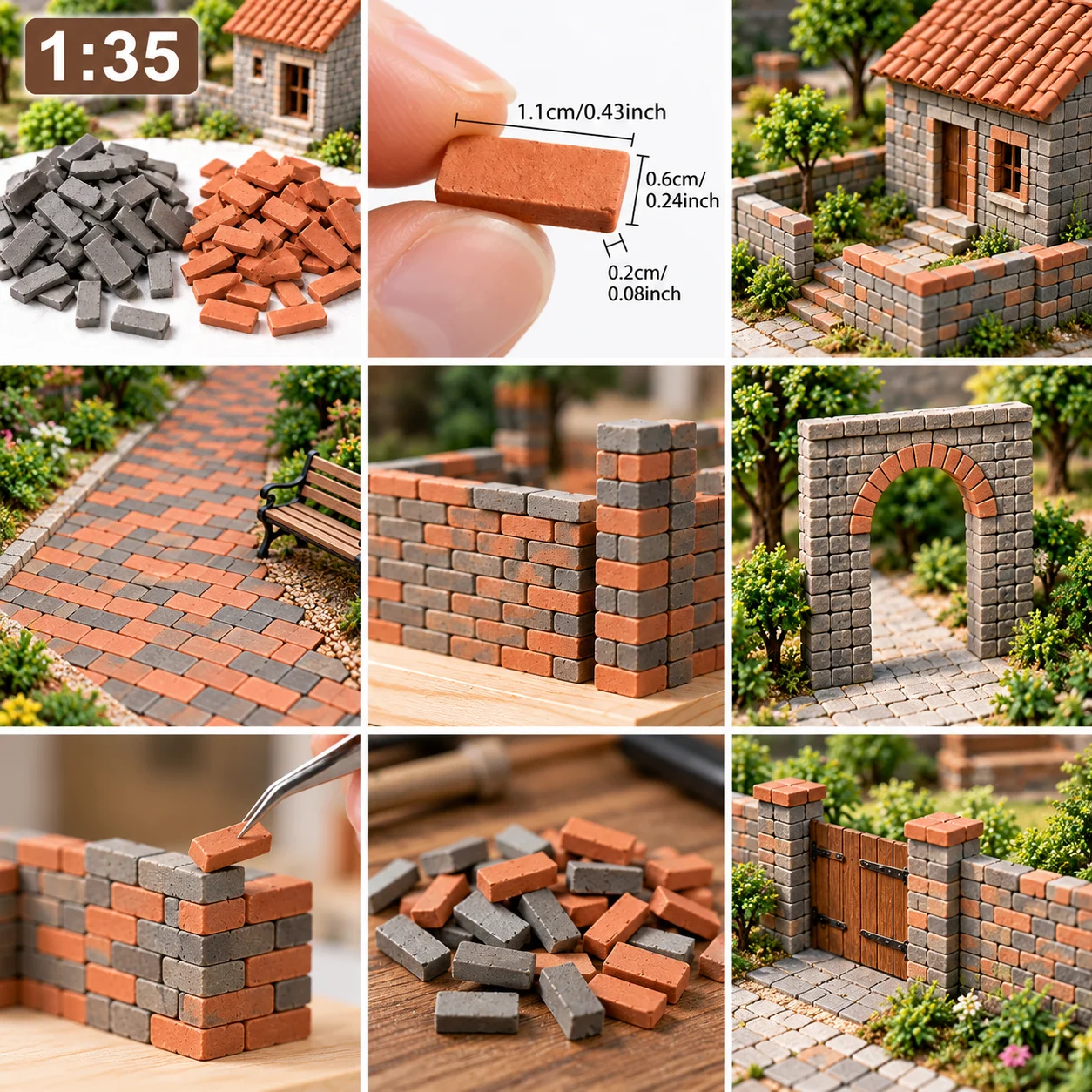 1:35 Miniature Brick Ornaments Gray Red Mini Bricks for Fairy Garden Dollhouse Micro Landscape Home DIY Decoration Accessories