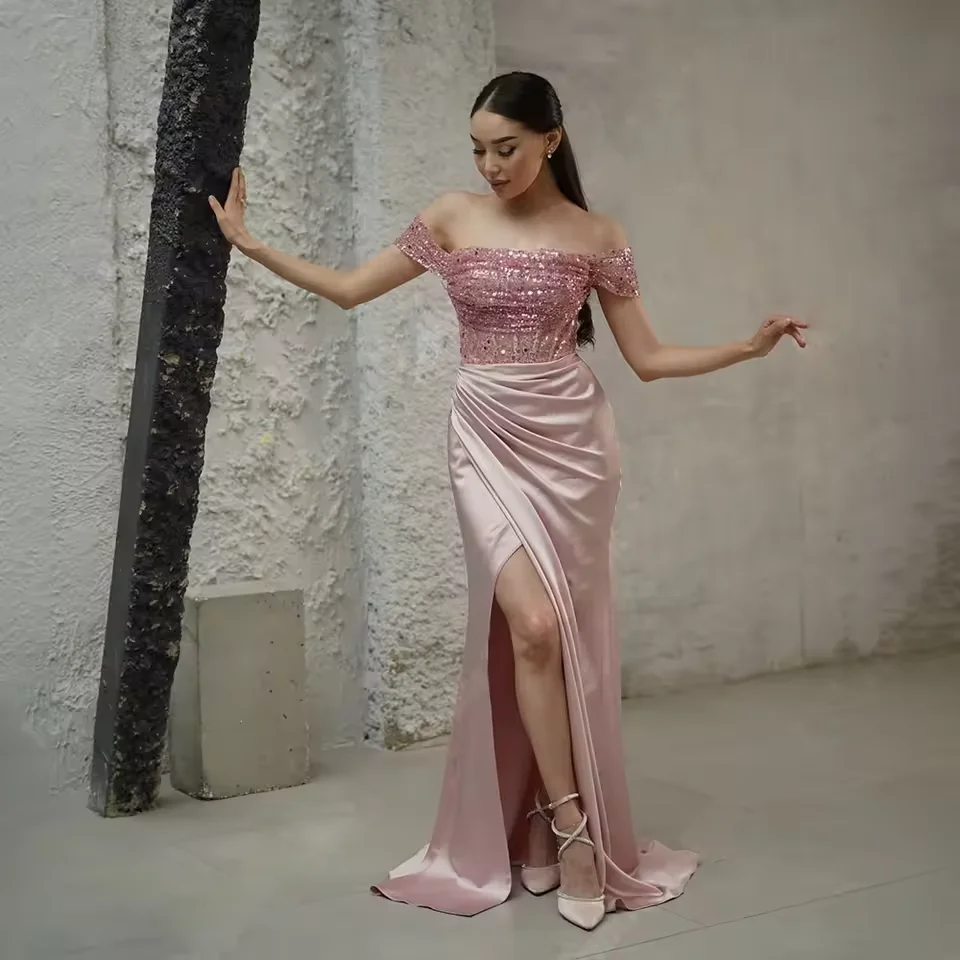

Customized Sexy Women's Evening Dresses Off Shoulder Mermaid Side High Split Beaded Wedding Party Dress Formal Prom Dresses