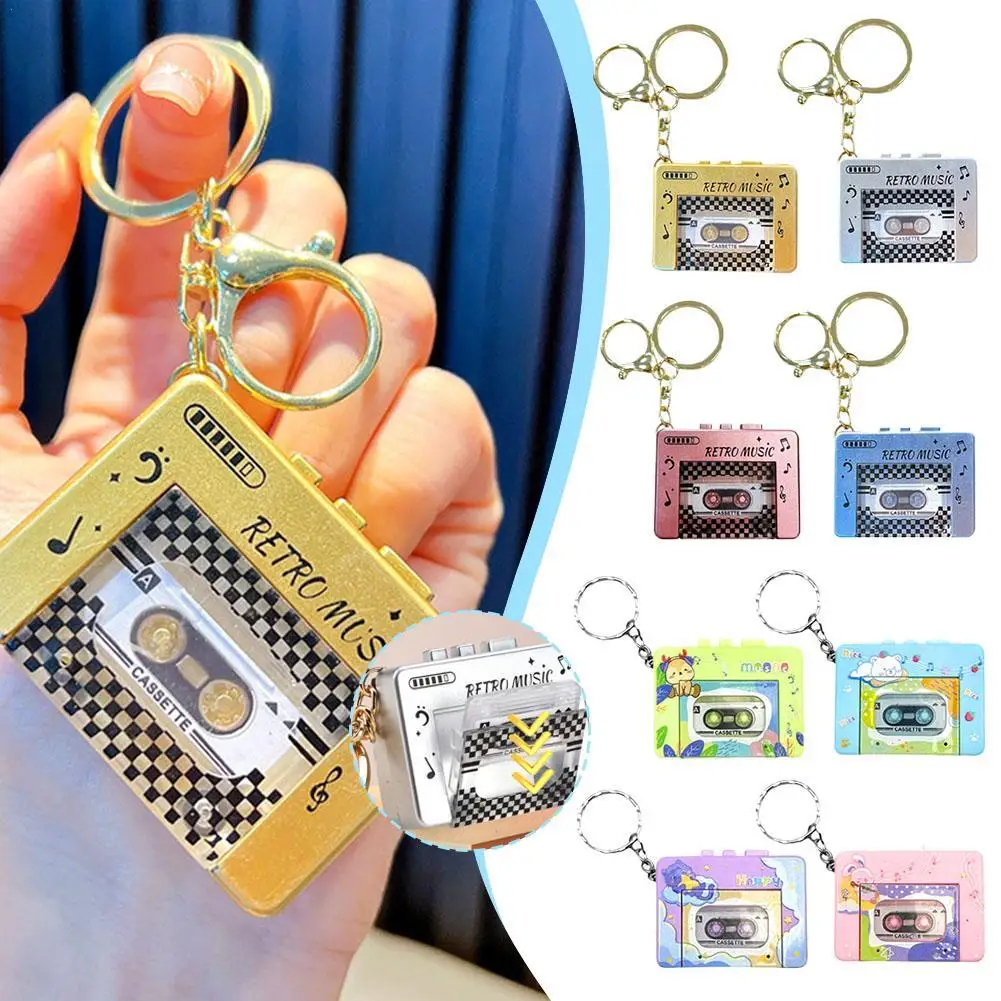 Mini Retro Cassette Player Keychain Charm Fun Music Box Decoration Tape Car Keyring Creative Children Backpack Pendant Gifts