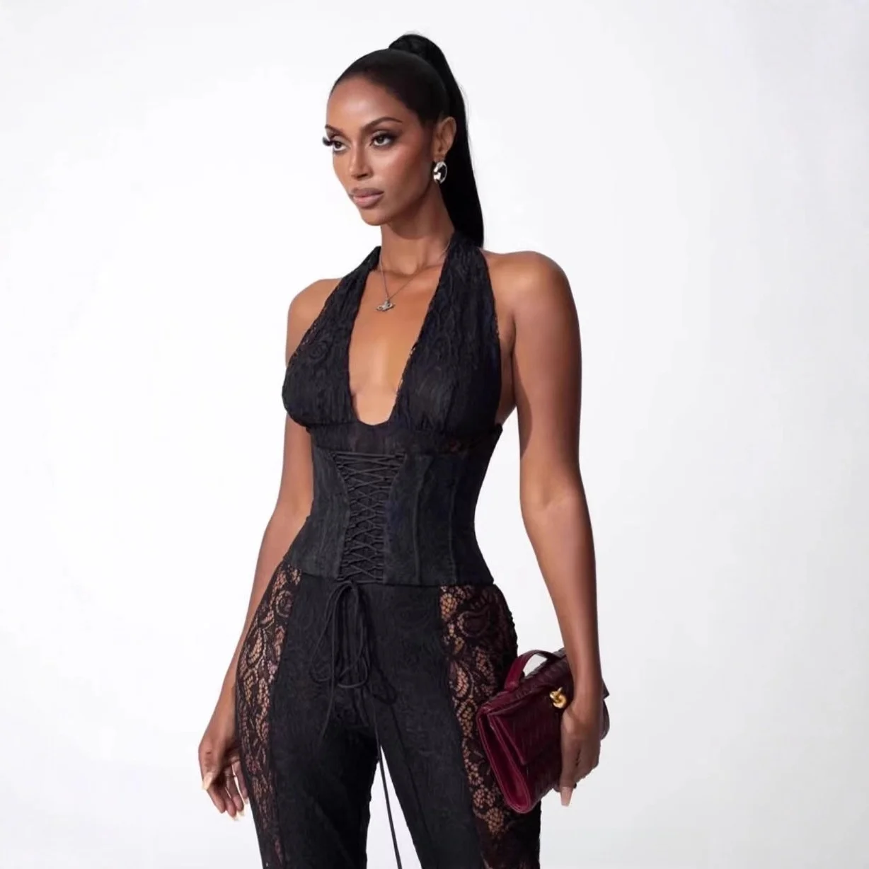 

Women's Lace Bell Bot Pants V Ne Jumpsuit Spring New Sle Cross Border Patchwork Long Trousers Casual Sport Suit