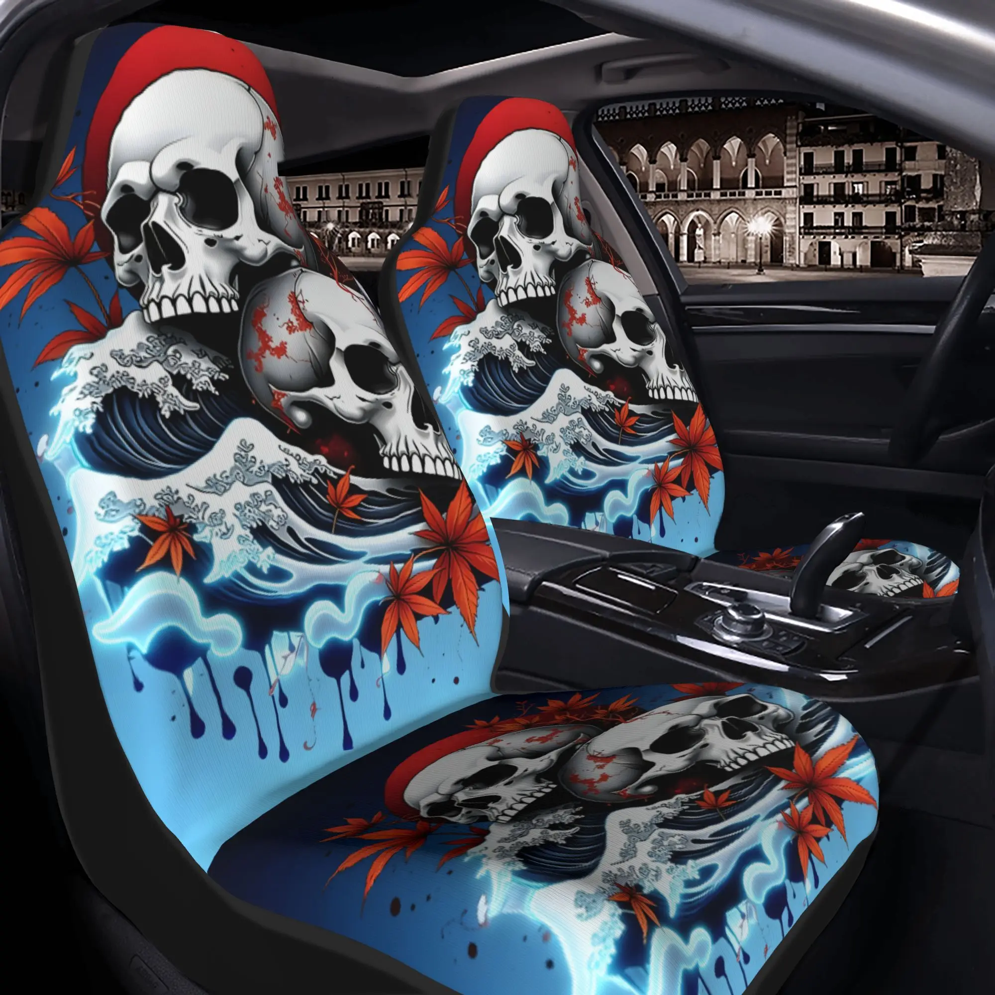 Set Of Two Skull Designs Surrounded By Red Maple Leaves And Crashing Waves Beneath A Blood-Red Sun, These General Motors Car Sea