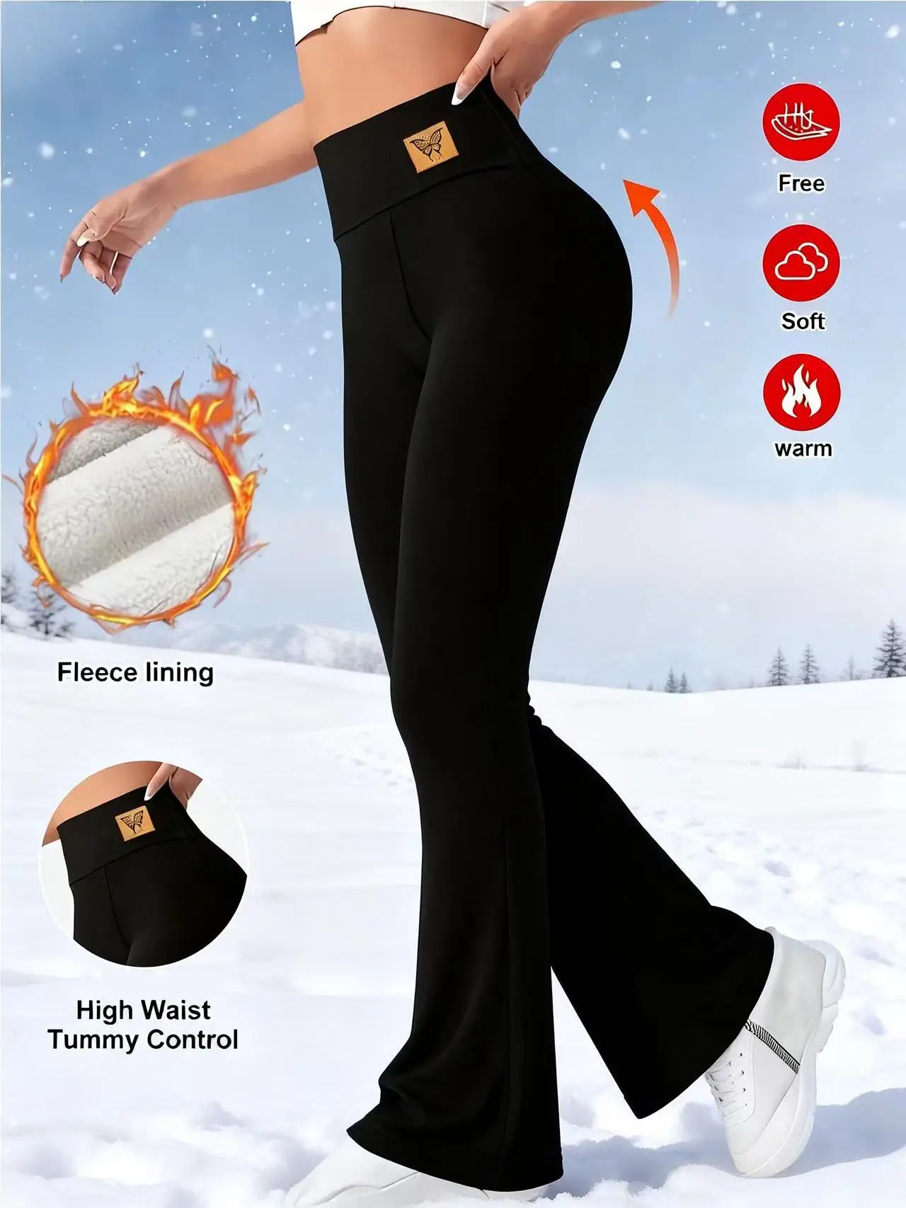1 High Waist Thick Warm Bell Bottoms, Comfortable Elastic Waist Leggings, Warm and Slim, Outdoor Travel with Snow Boots