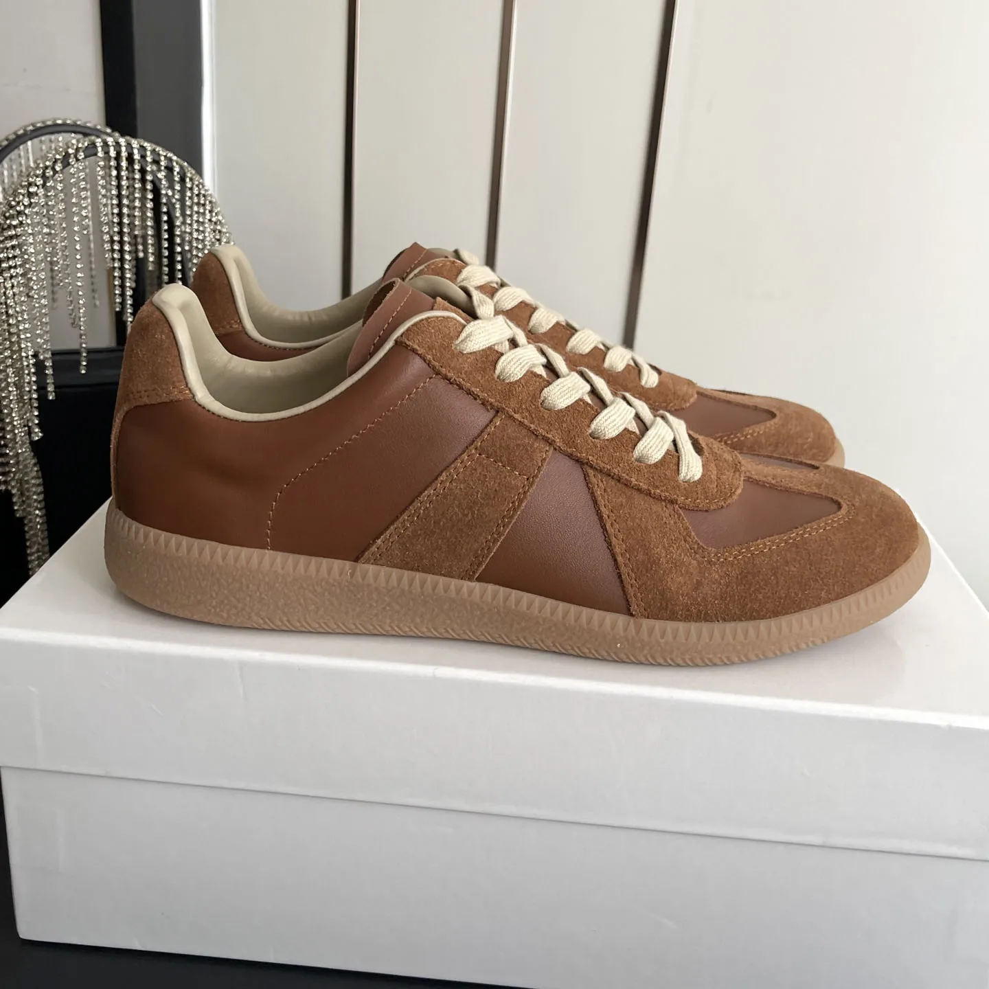 

Unisex Calf Leather And Suede Sneakers Paneling With A Gum Rubber Sole Shoes German Army Trainer