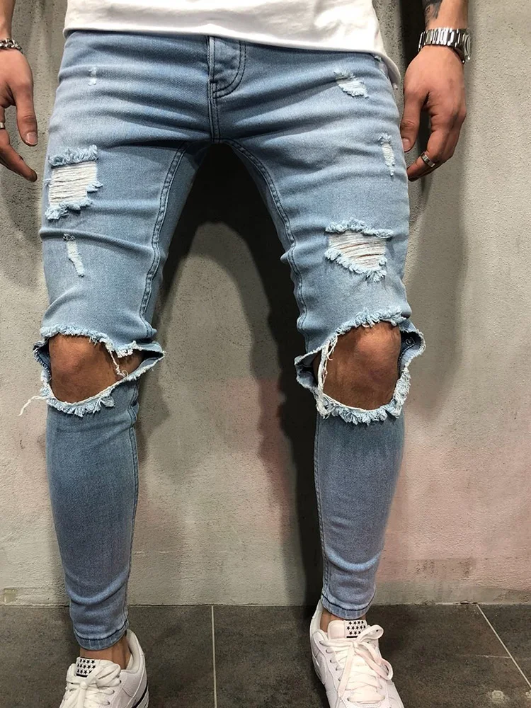 Men Youth Popular Ripped Skinny Jeans Washed Vintage Large Size Denim Pants Distressed Elastic Narrow Leg Designer Trousers