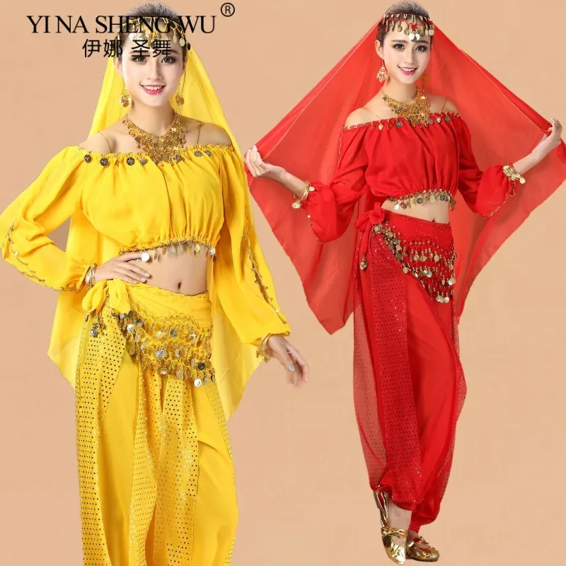 Bollywood Indian Belly Dance Costumes Set Top Pants One Size Dance Costume Bollywood Oriental Belly Dance Clothes 2/4pcs Set New