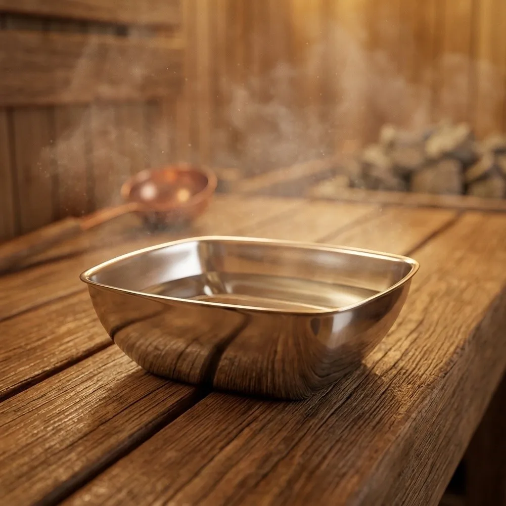 Stainless Steel Sauna Aroma Bowl with Wooden Base for Essential Oil Diffusion on Sauna Stoves and Infrared Heaters
